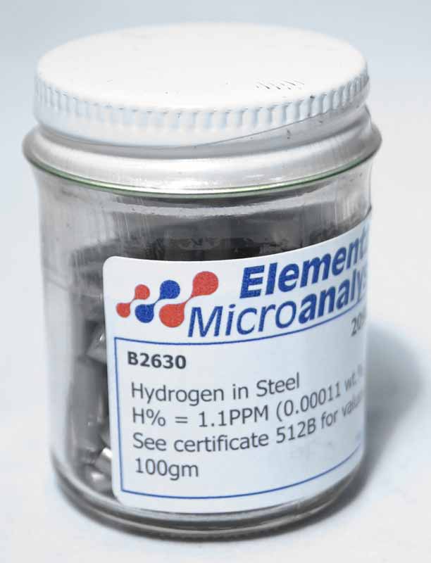 Hydrogen In Steel 1 g Pin Approximate values 0.7ppmH 0.00007%H See certificate 922k for actual values. Contents: 100